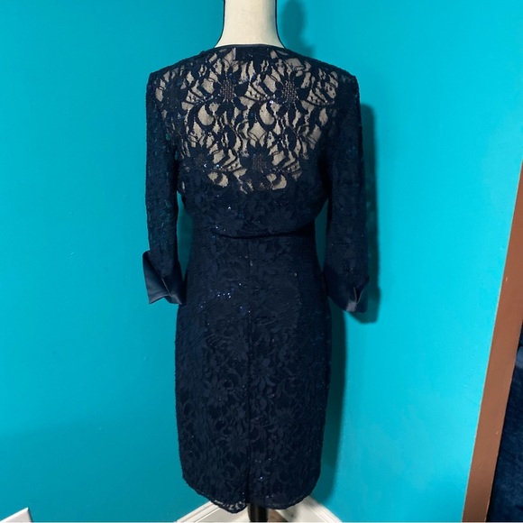 JS Collections 8 Navy Blue Lace Sequin Sheath Dress Bolero Crop Jacket 2 PC Set - Picture 8 of 9